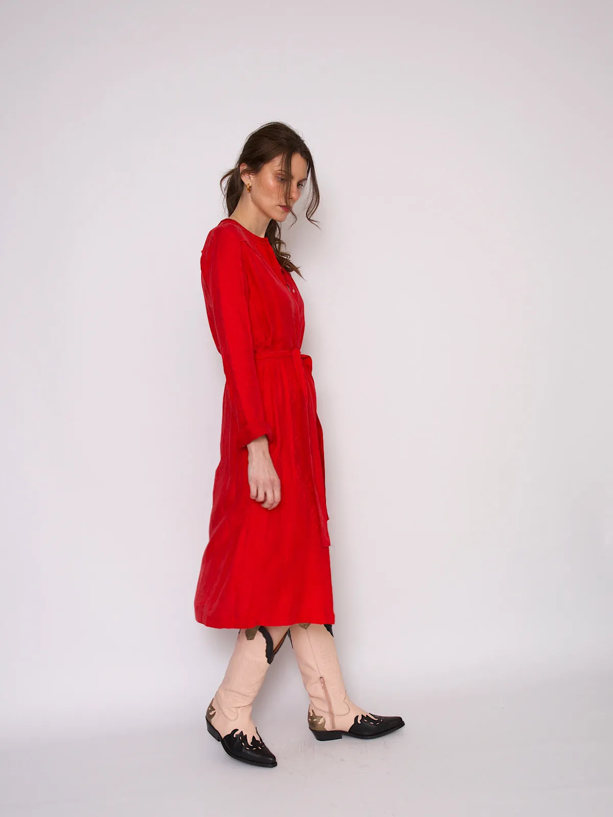 90s vintage shirt dress glamorous red with long sleeves