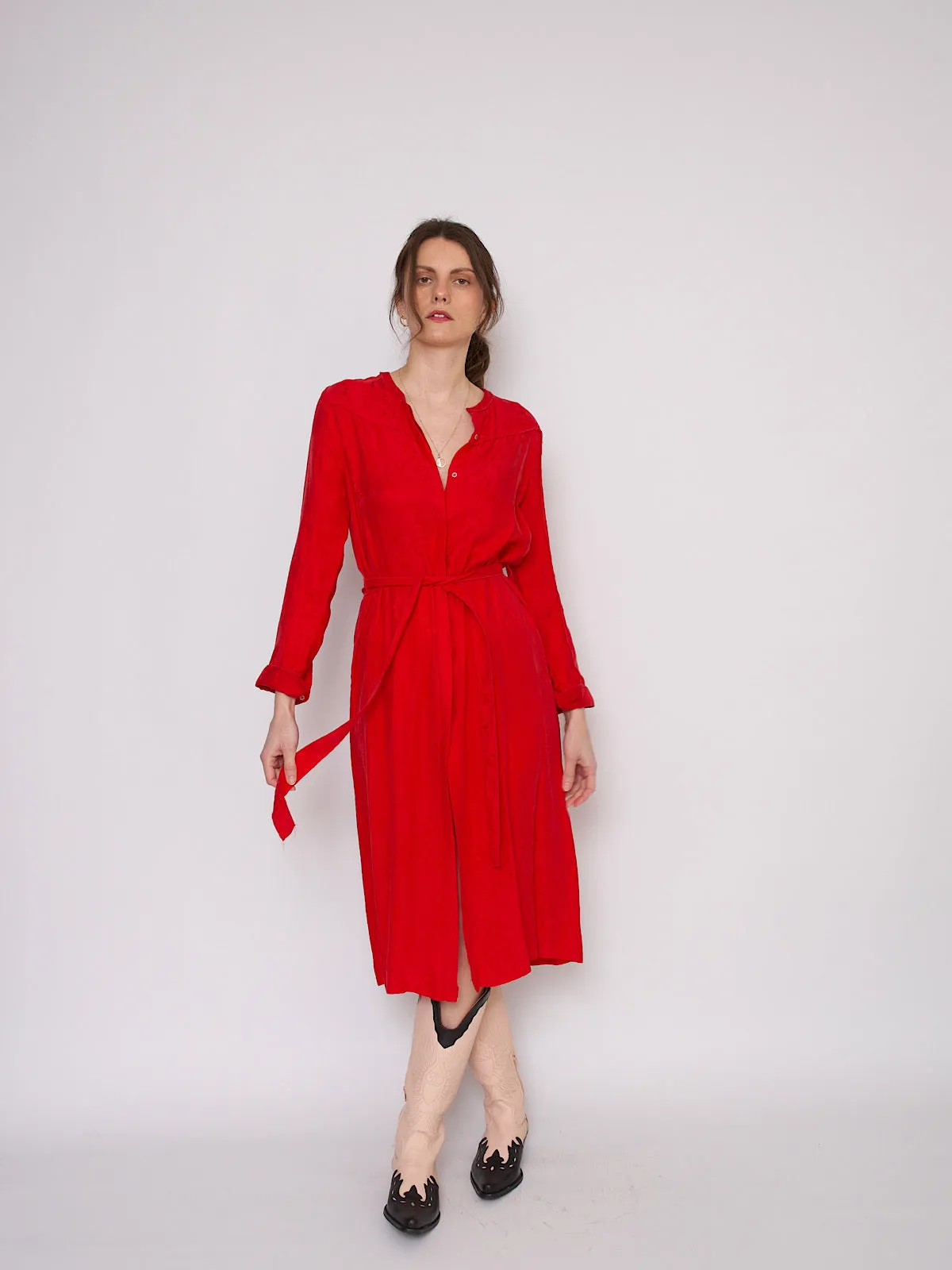 90s vintage shirt dress glamorous red with long sleeves
