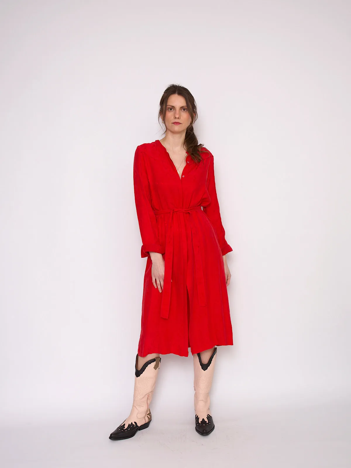 90s vintage shirt dress glamorous red with long sleeves