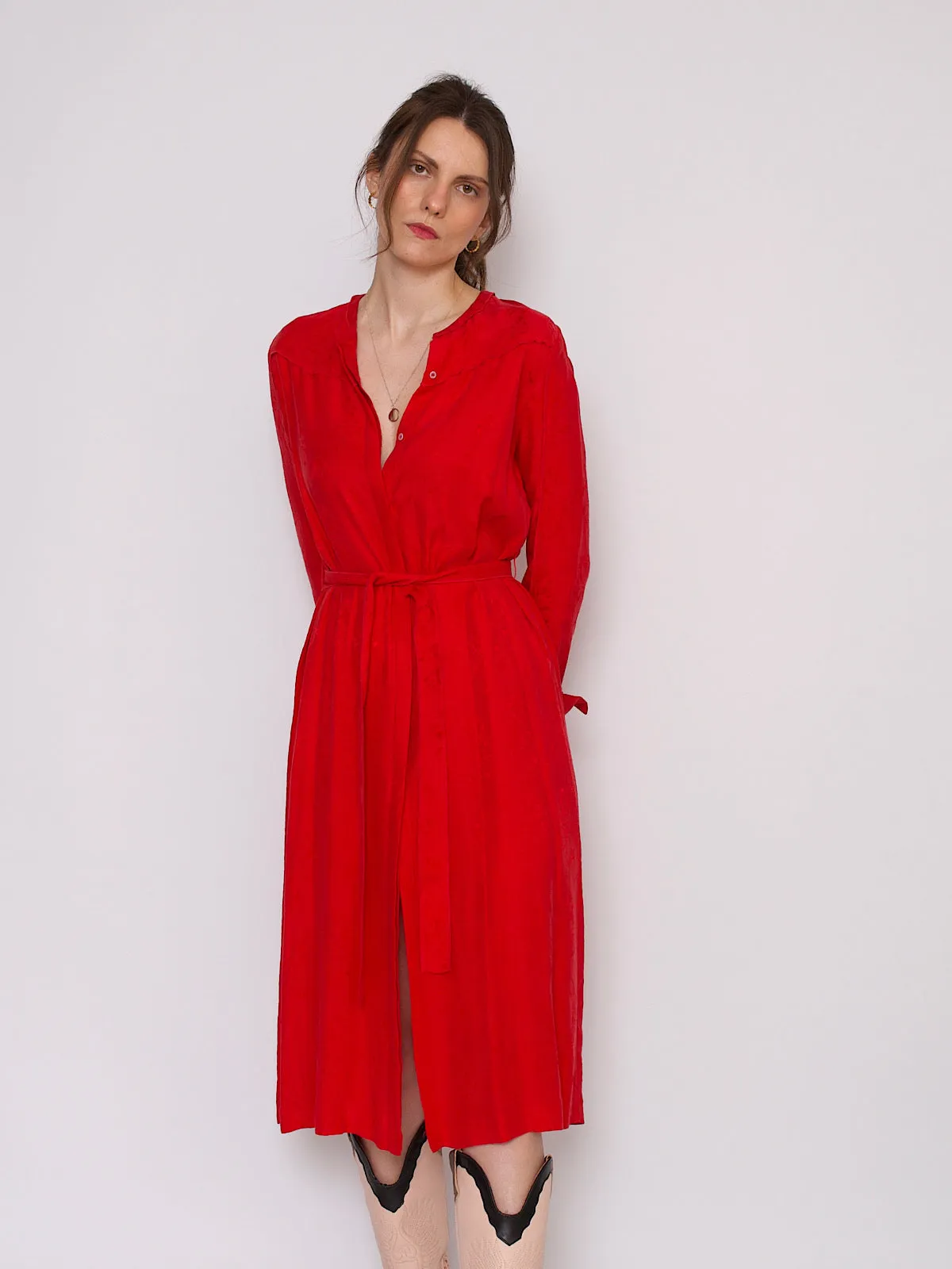 90s vintage shirt dress glamorous red with long sleeves