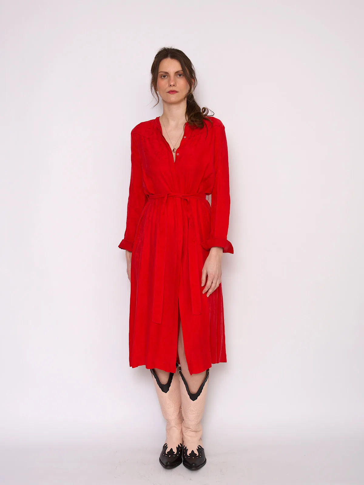 90s vintage shirt dress glamorous red with long sleeves