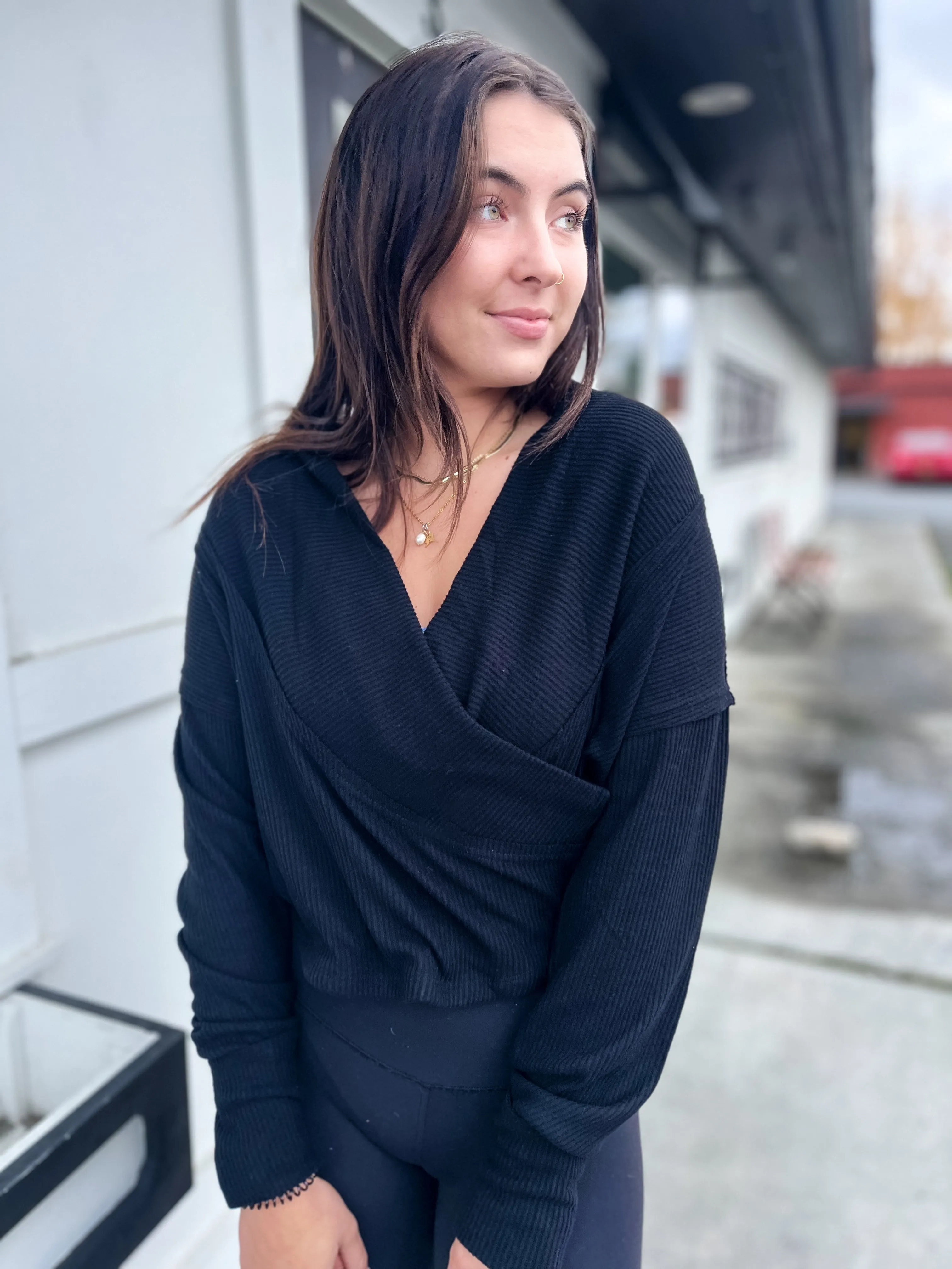 Bella Ballet Chic Ribbed Wrap Top- BLK