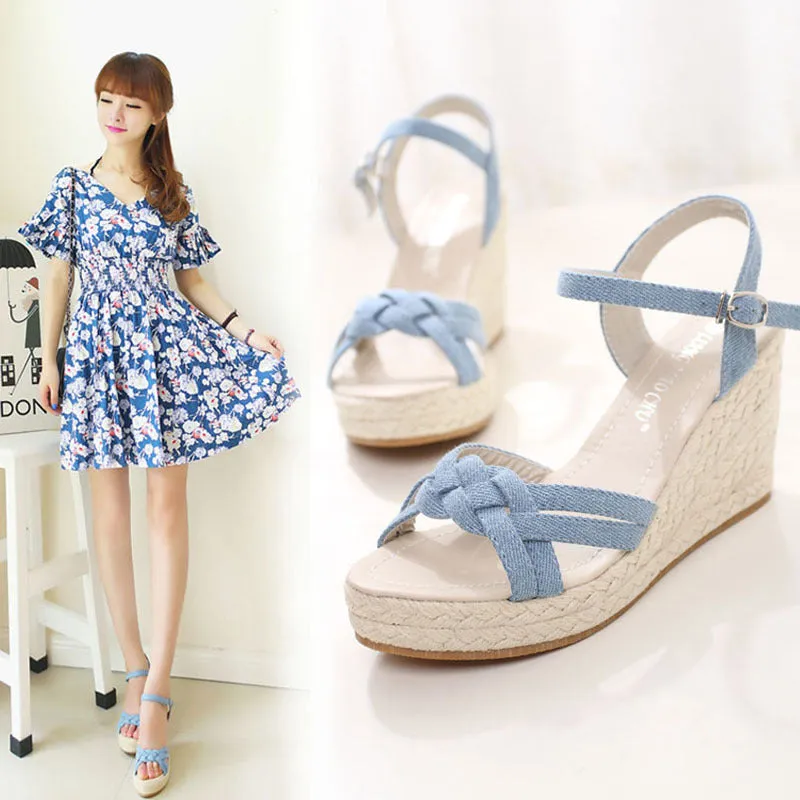 Cow Carefully Bring Espadrille Wedge Heel Platform Women's Shoes Straw Sandals
