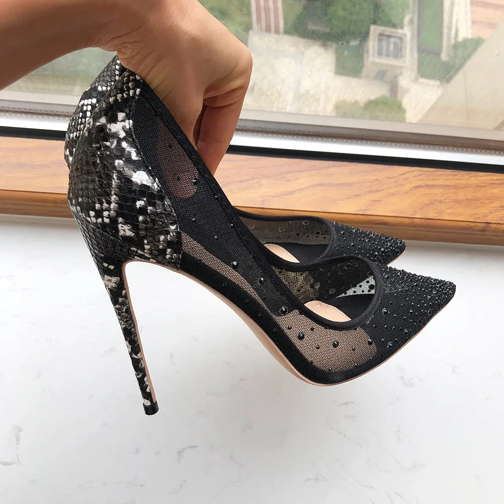 Croc-effect Women Pointed Toe Mesh Pumps