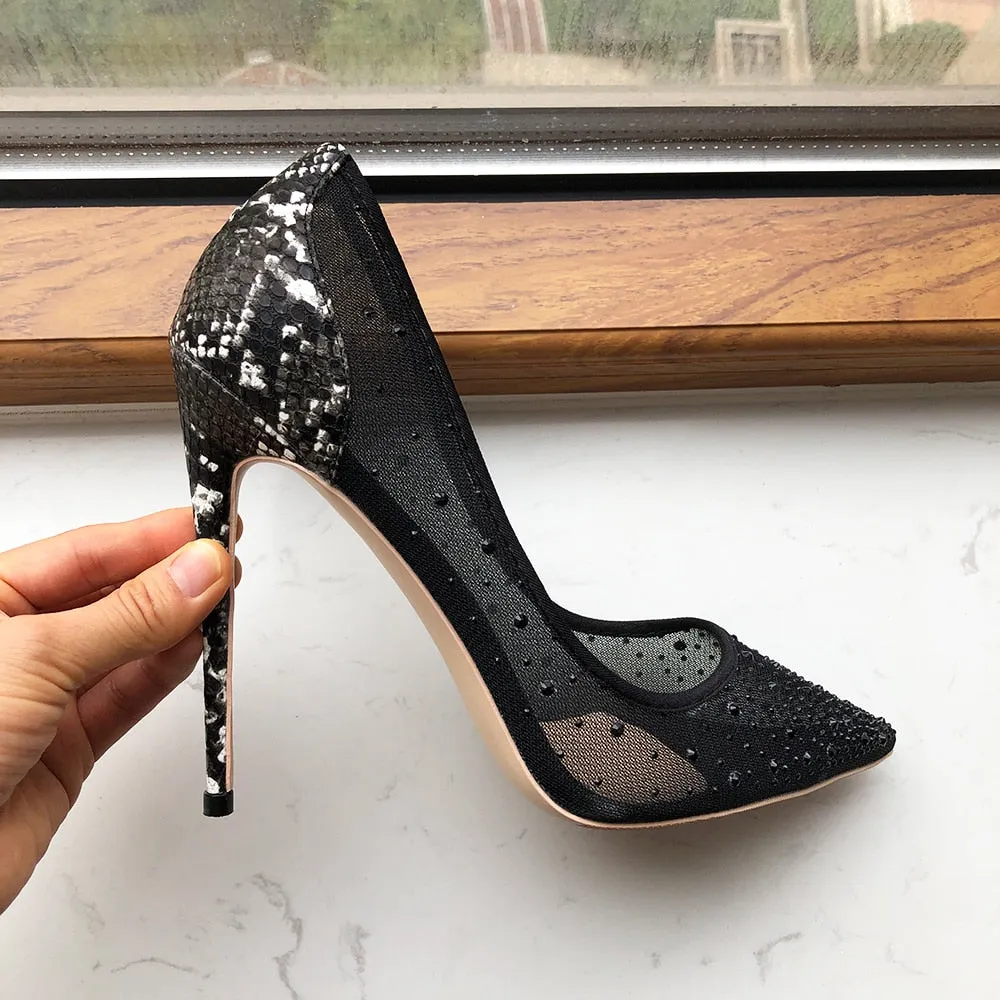 Croc-effect Women Pointed Toe Mesh Pumps