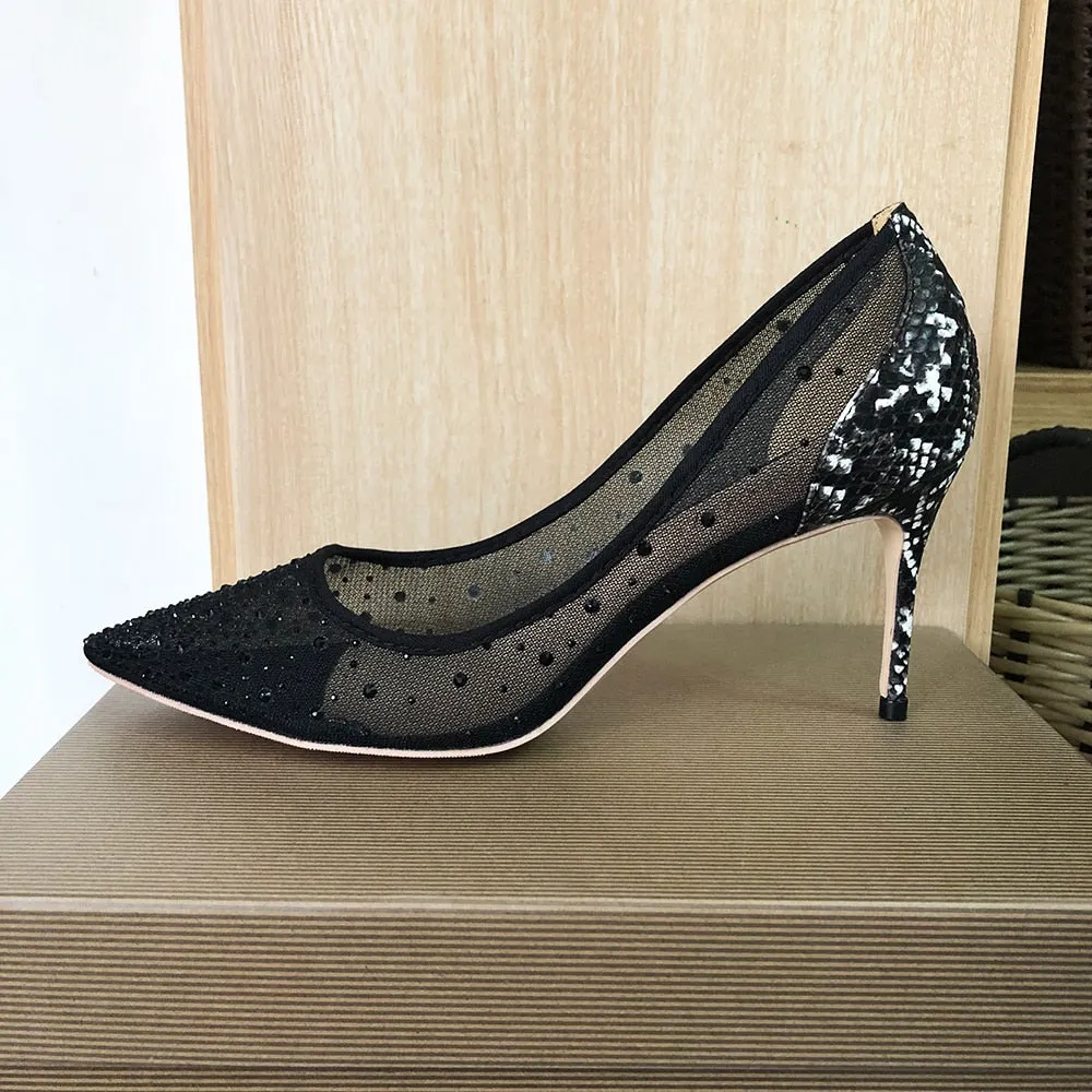 Croc-effect Women Pointed Toe Mesh Pumps
