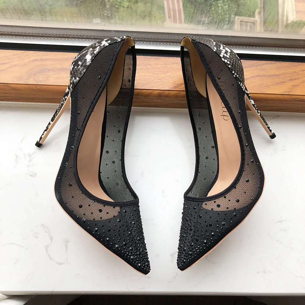 Croc-effect Women Pointed Toe Mesh Pumps