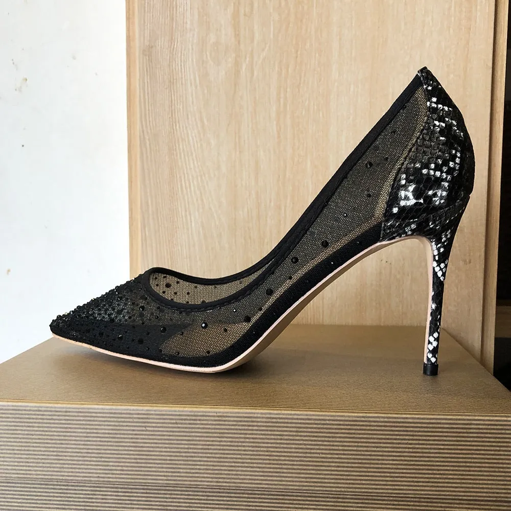Croc-effect Women Pointed Toe Mesh Pumps