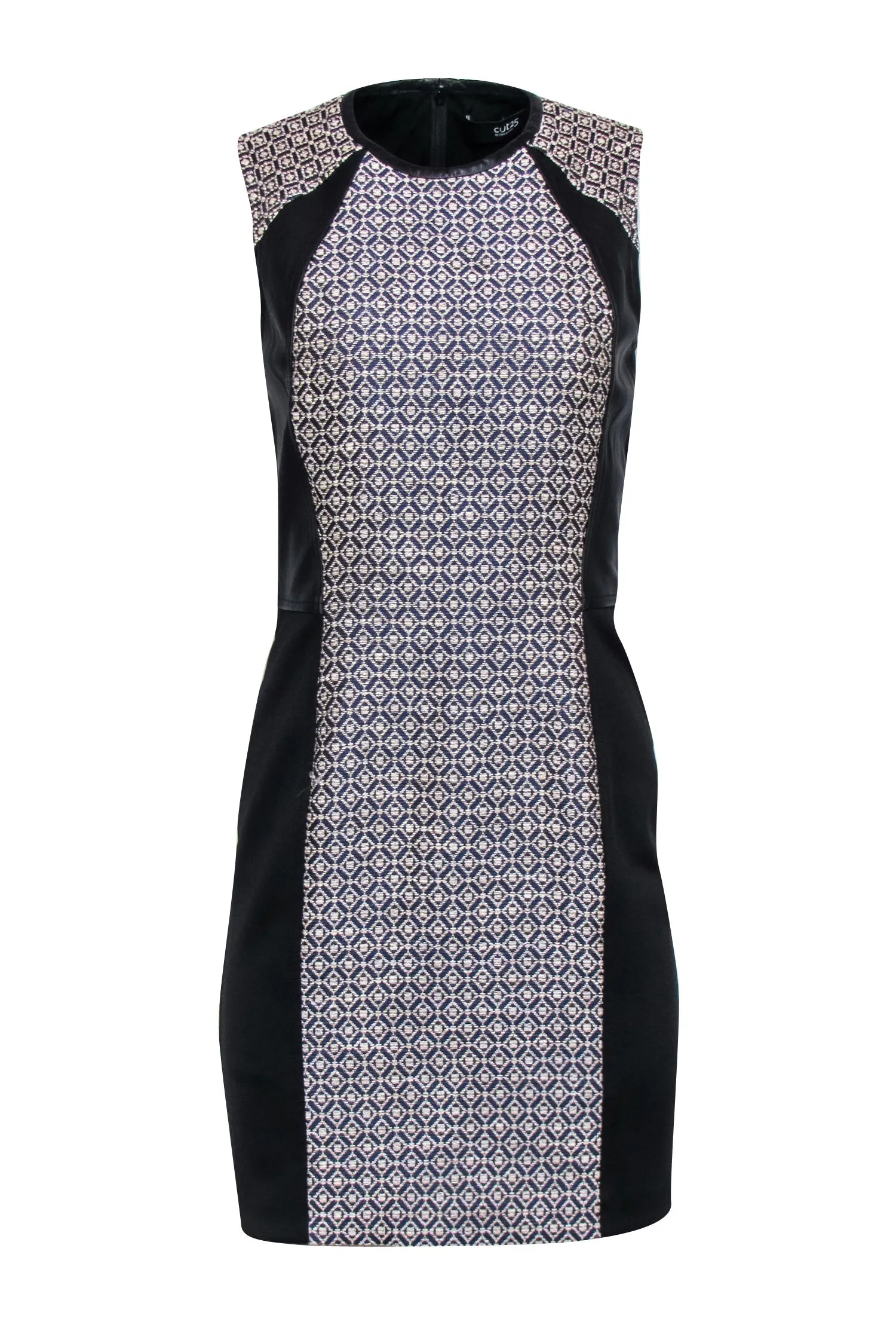 Cut25 - Black Leather Trim w/ Cream Woven Print Middle Sleeveless Dress Sz 6