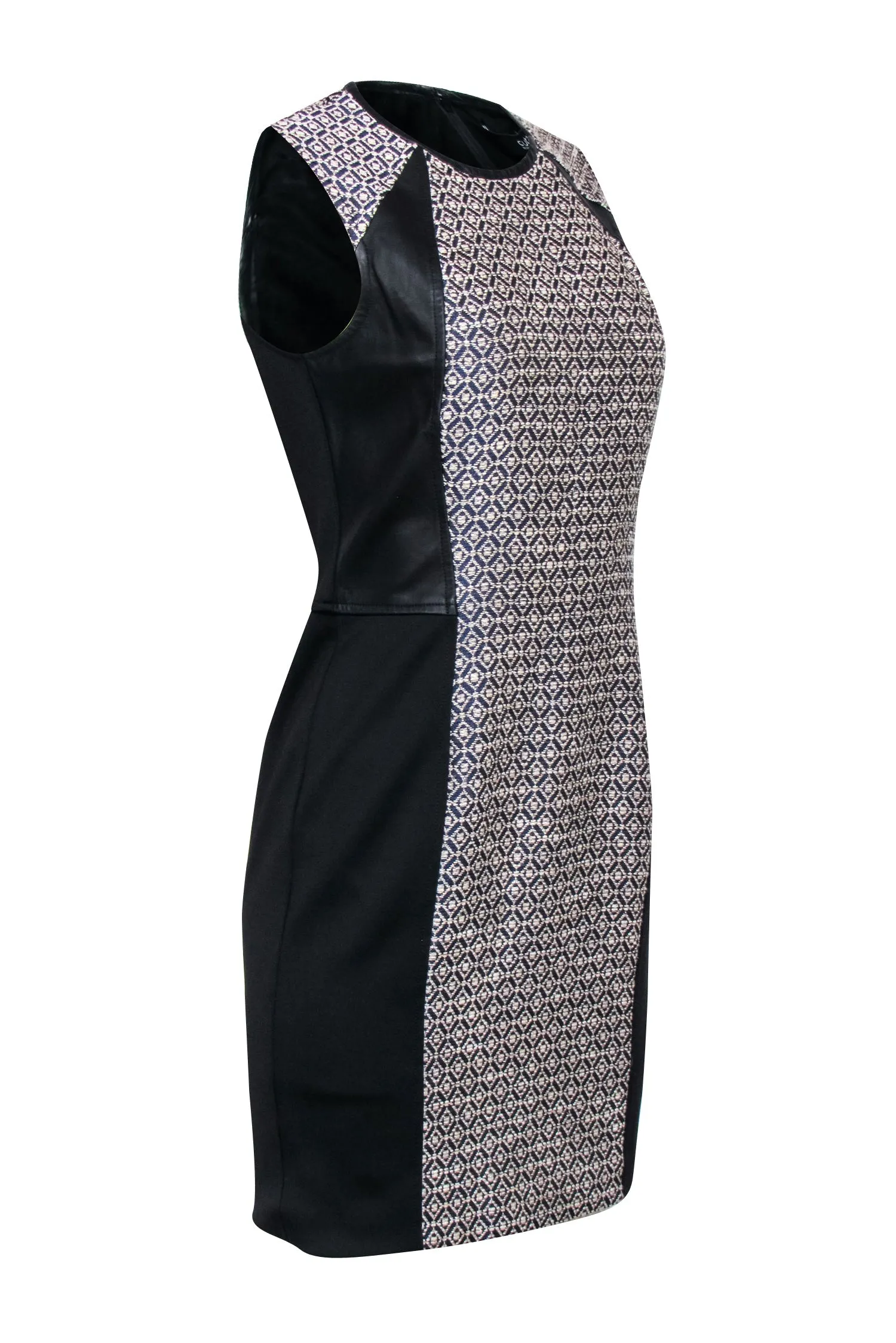 Cut25 - Black Leather Trim w/ Cream Woven Print Middle Sleeveless Dress Sz 6
