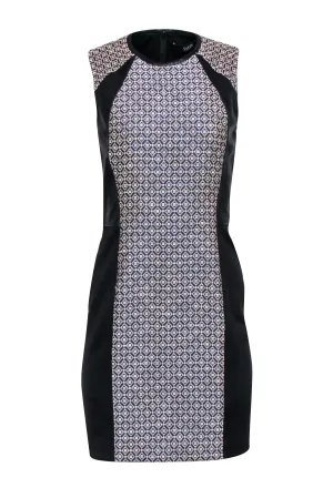 Cut25 - Black Leather Trim w/ Cream Woven Print Middle Sleeveless Dress Sz 6