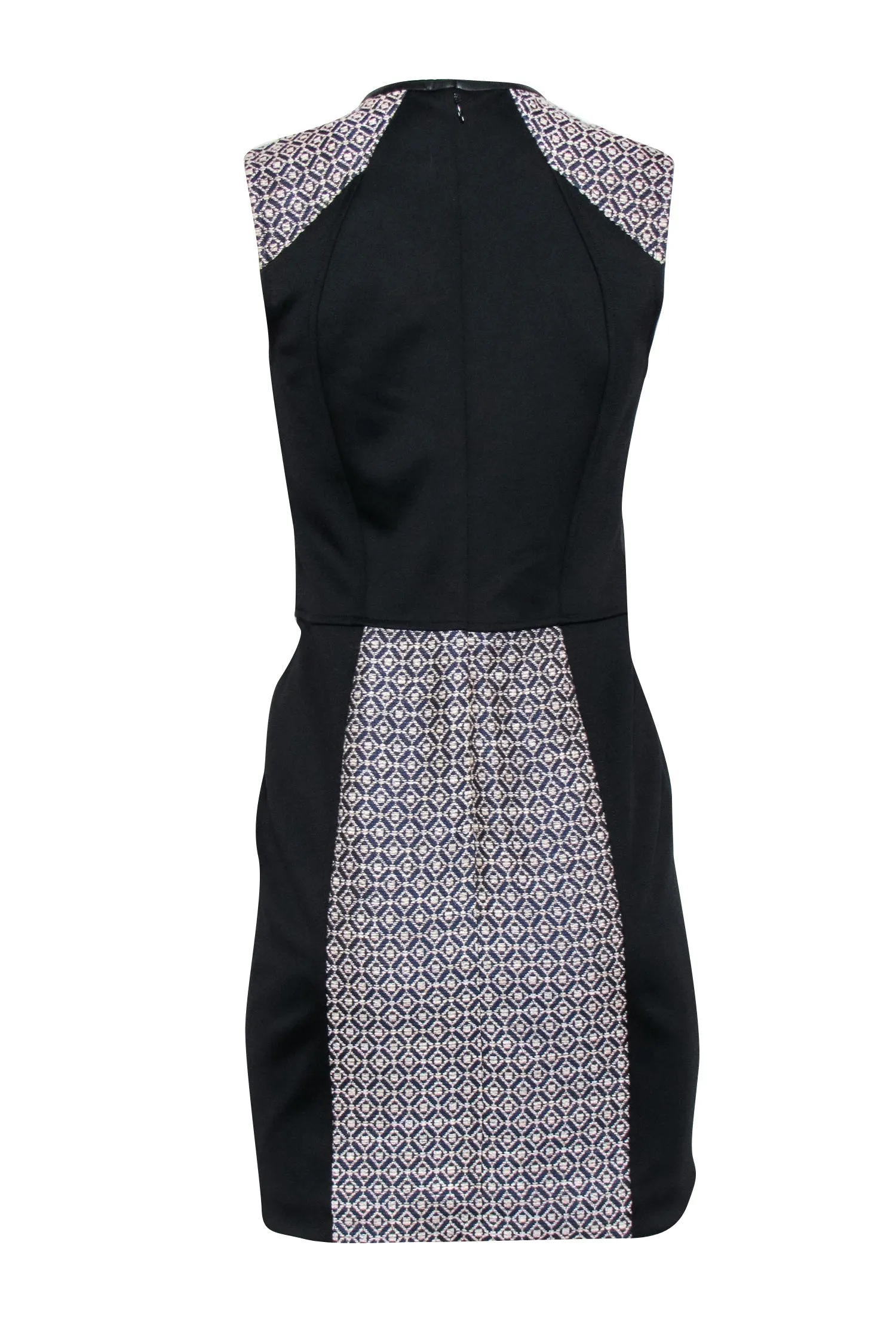 Cut25 - Black Leather Trim w/ Cream Woven Print Middle Sleeveless Dress Sz 6