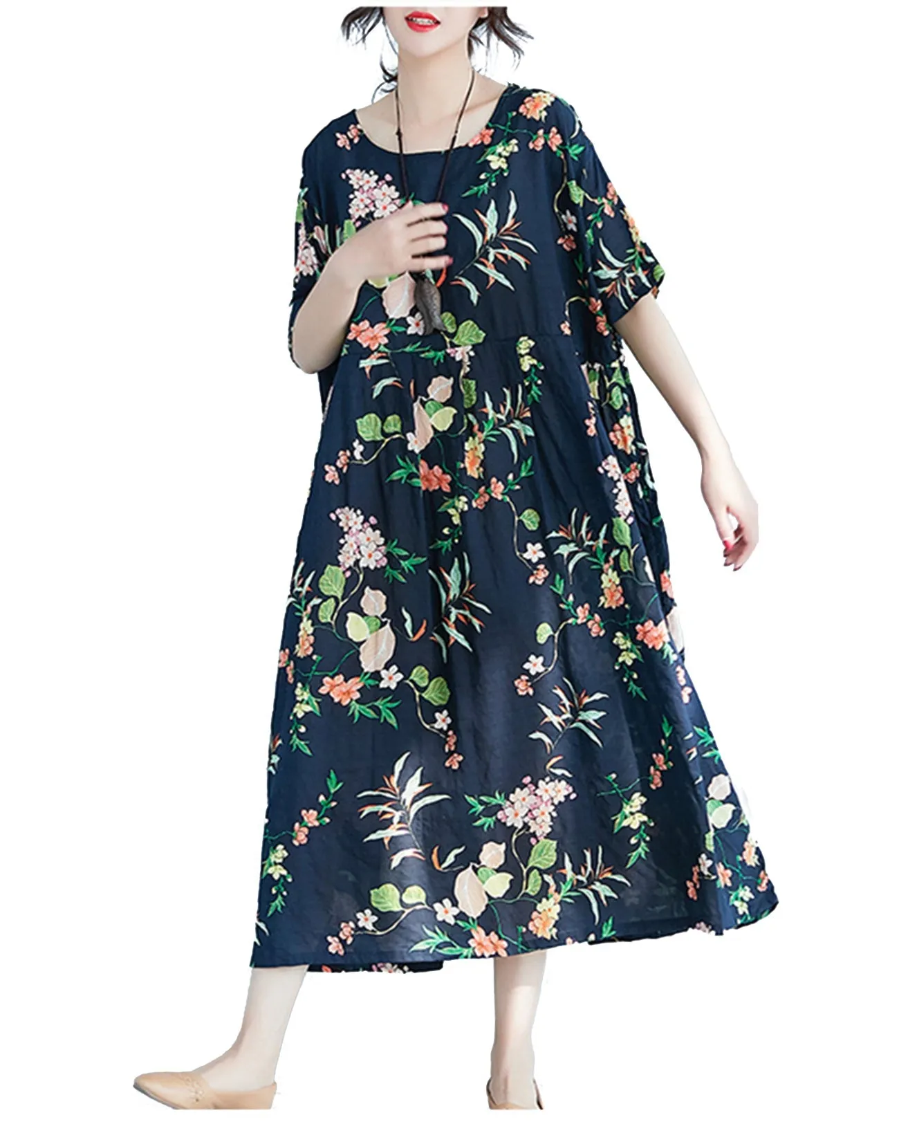 ellazhu Womens Half Sleeve Summer Oversized Dresses Print Maxi Baggy Dress Vintage Dress GA2619