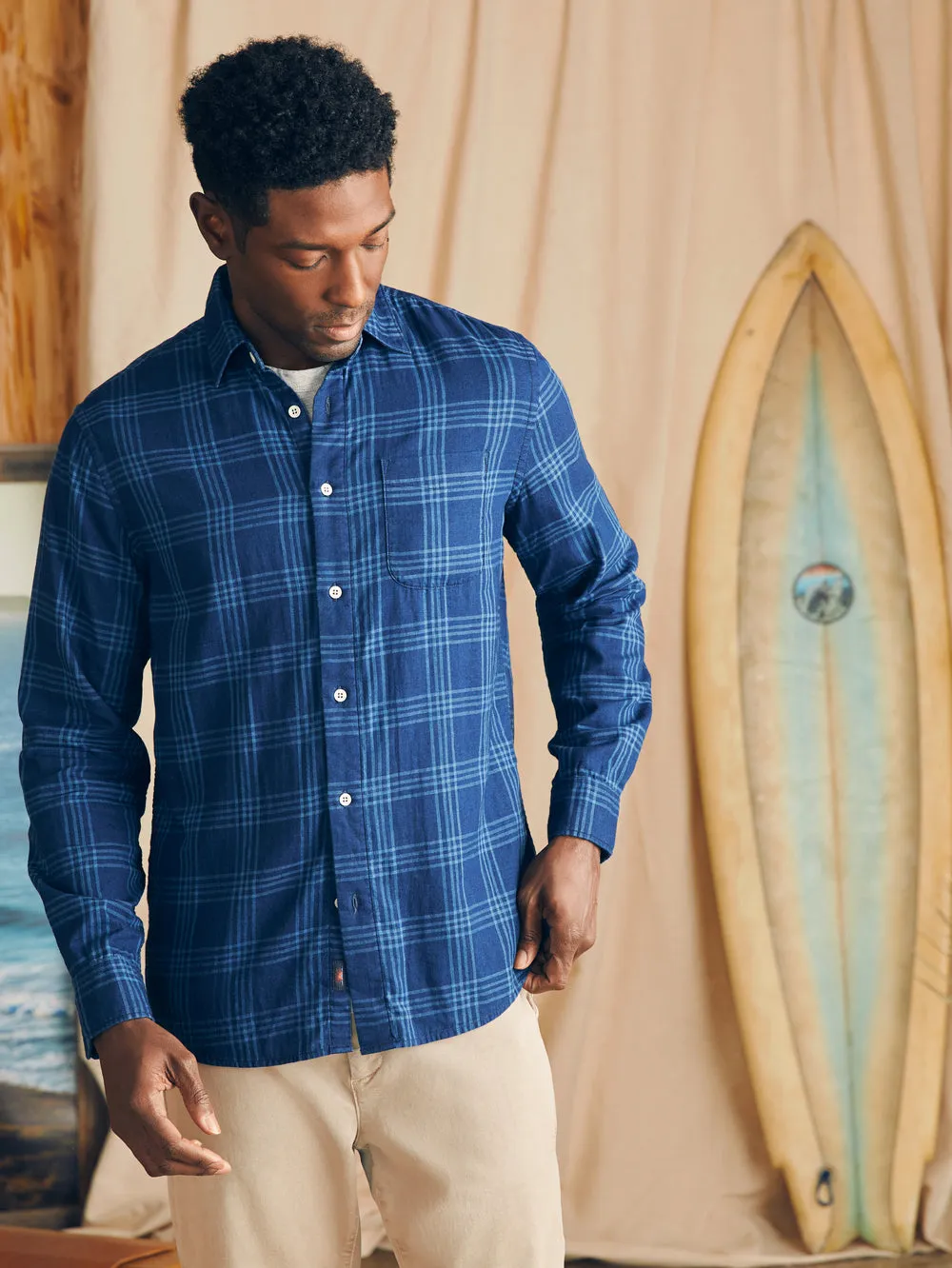 Faherty Sunwashed Chambray Shirt in Navy Night Windowpane