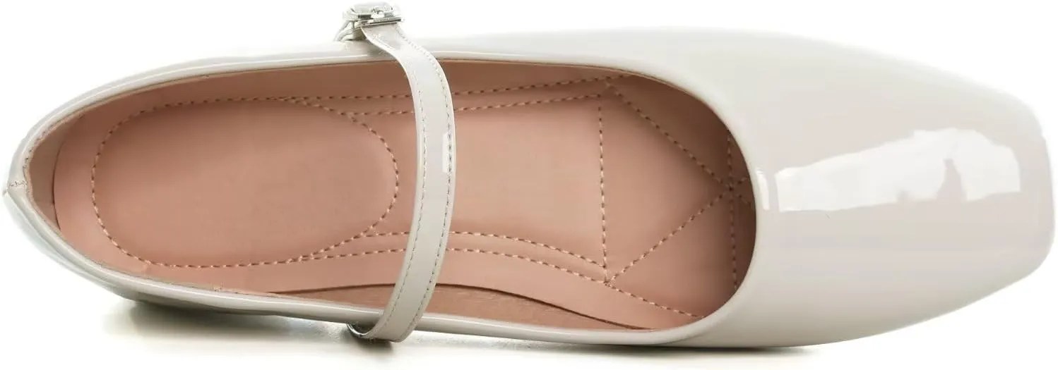 HuangTaiJi Qing Women Fashion Mary Janes Shoes Ankle Buckle Square Toe Female Comfortable Casual Flats Shoes Soft Walking Dressy Work Ballerina Flats