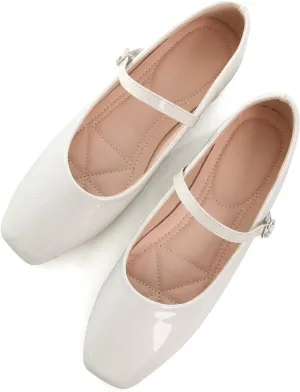 HuangTaiJi Qing Women Fashion Mary Janes Shoes Ankle Buckle Square Toe Female Comfortable Casual Flats Shoes Soft Walking Dressy Work Ballerina Flats