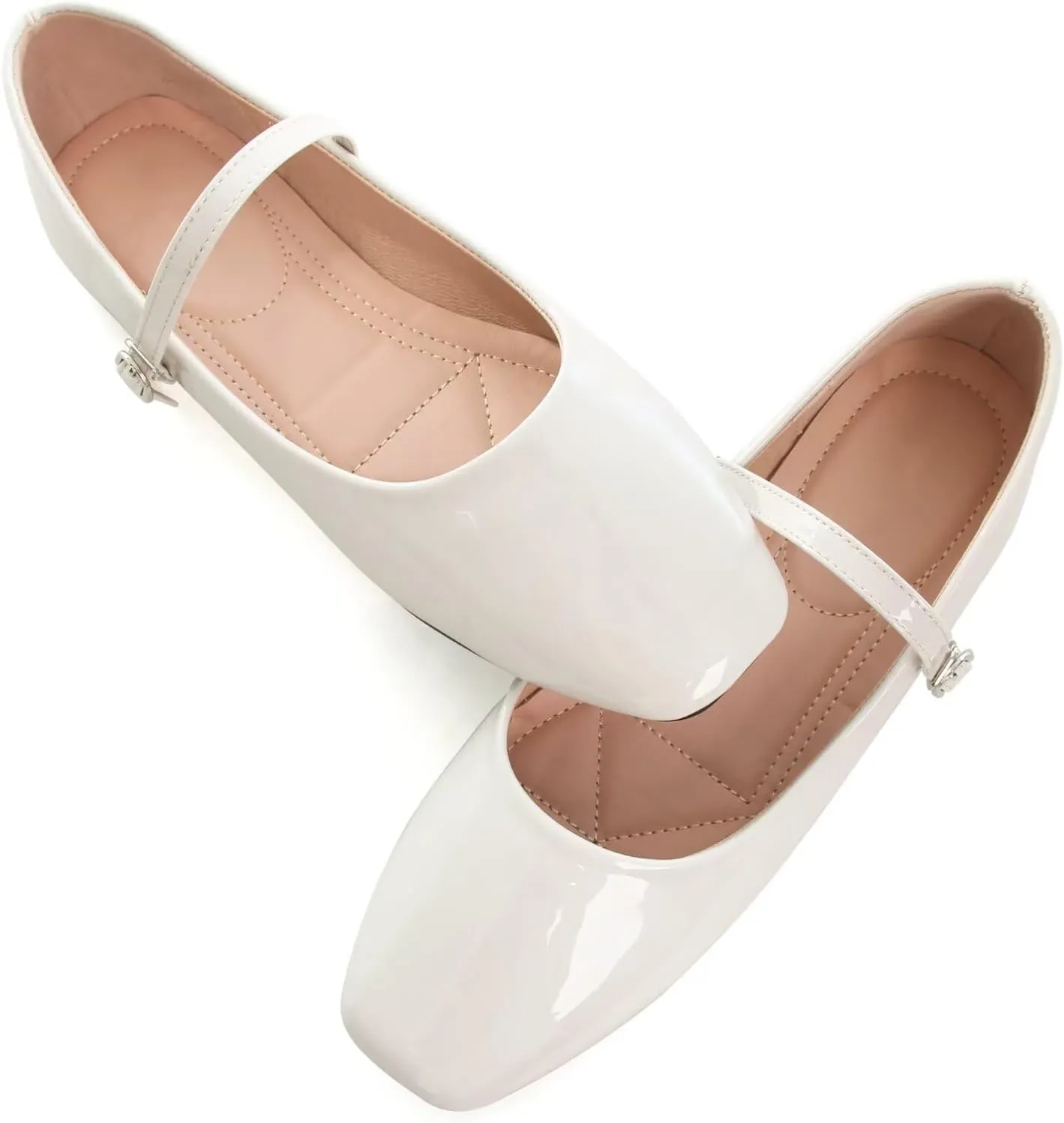 HuangTaiJi Qing Women Fashion Mary Janes Shoes Ankle Buckle Square Toe Female Comfortable Casual Flats Shoes Soft Walking Dressy Work Ballerina Flats