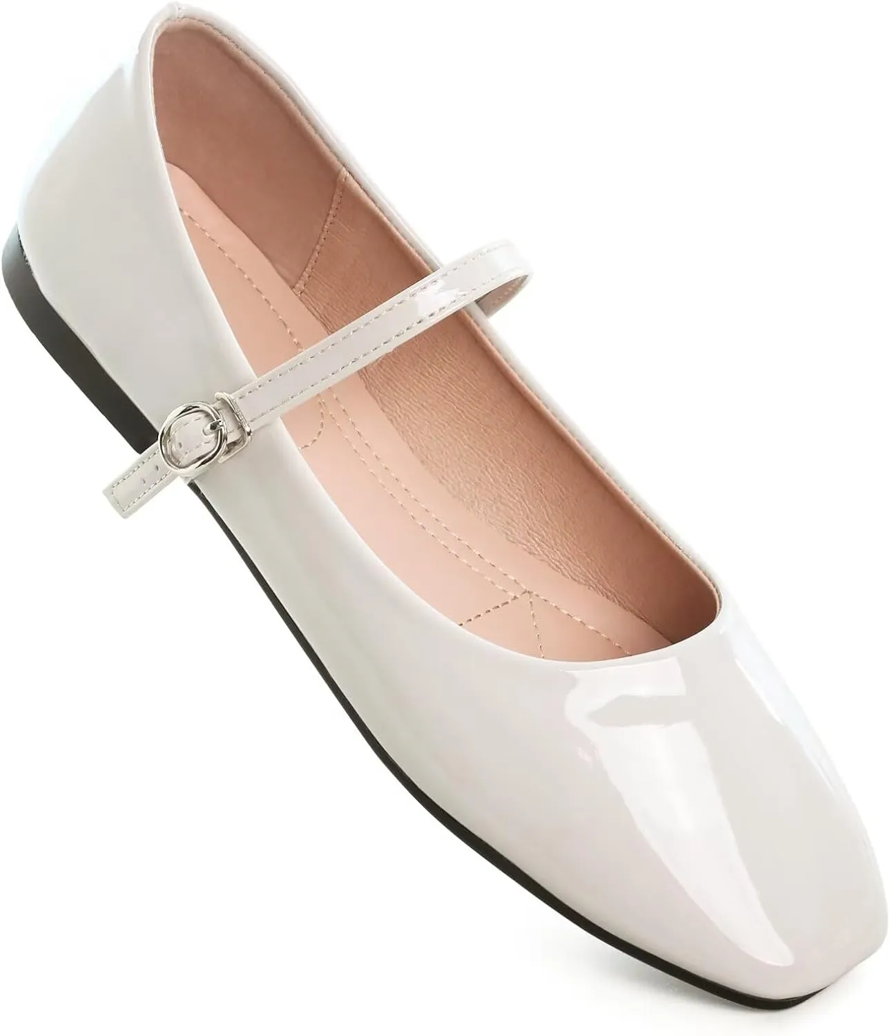 HuangTaiJi Qing Women Fashion Mary Janes Shoes Ankle Buckle Square Toe Female Comfortable Casual Flats Shoes Soft Walking Dressy Work Ballerina Flats