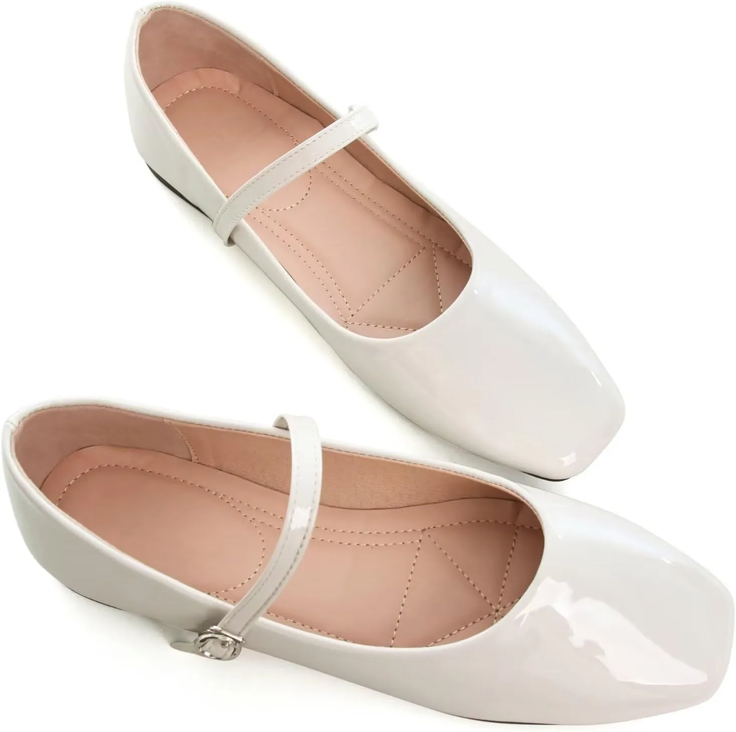 HuangTaiJi Qing Women Fashion Mary Janes Shoes Ankle Buckle Square Toe Female Comfortable Casual Flats Shoes Soft Walking Dressy Work Ballerina Flats