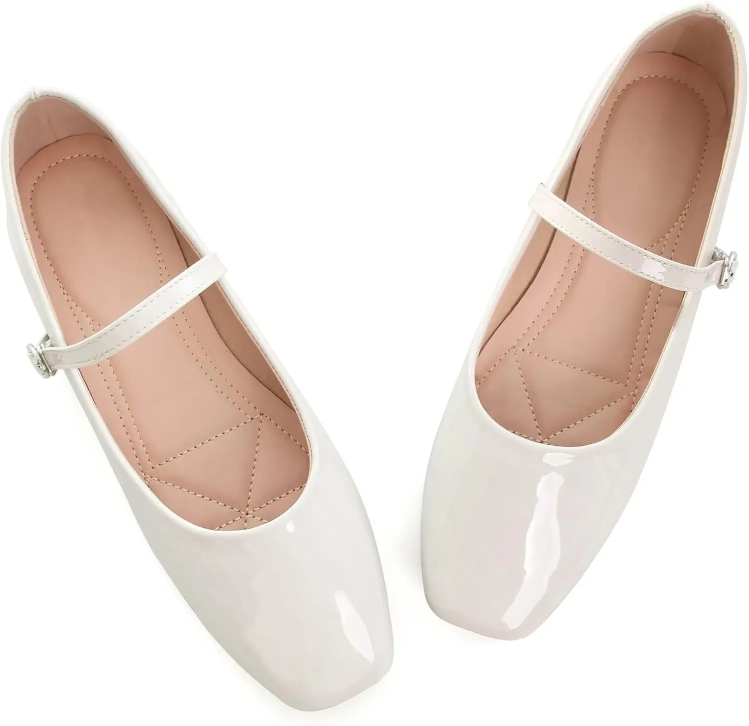 HuangTaiJi Qing Women Fashion Mary Janes Shoes Ankle Buckle Square Toe Female Comfortable Casual Flats Shoes Soft Walking Dressy Work Ballerina Flats