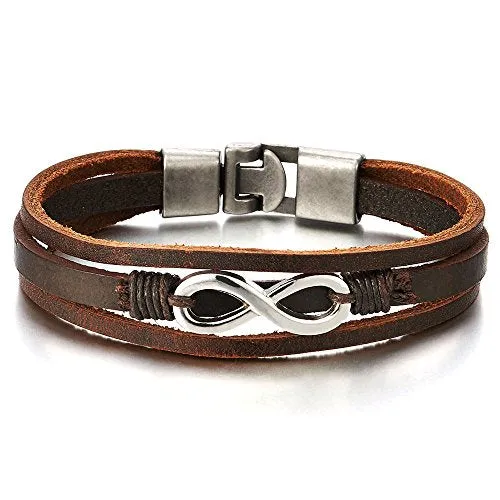 Infinity Love Number 8 Interwoven Brown Genuine Leather Bracelet for Men and Women