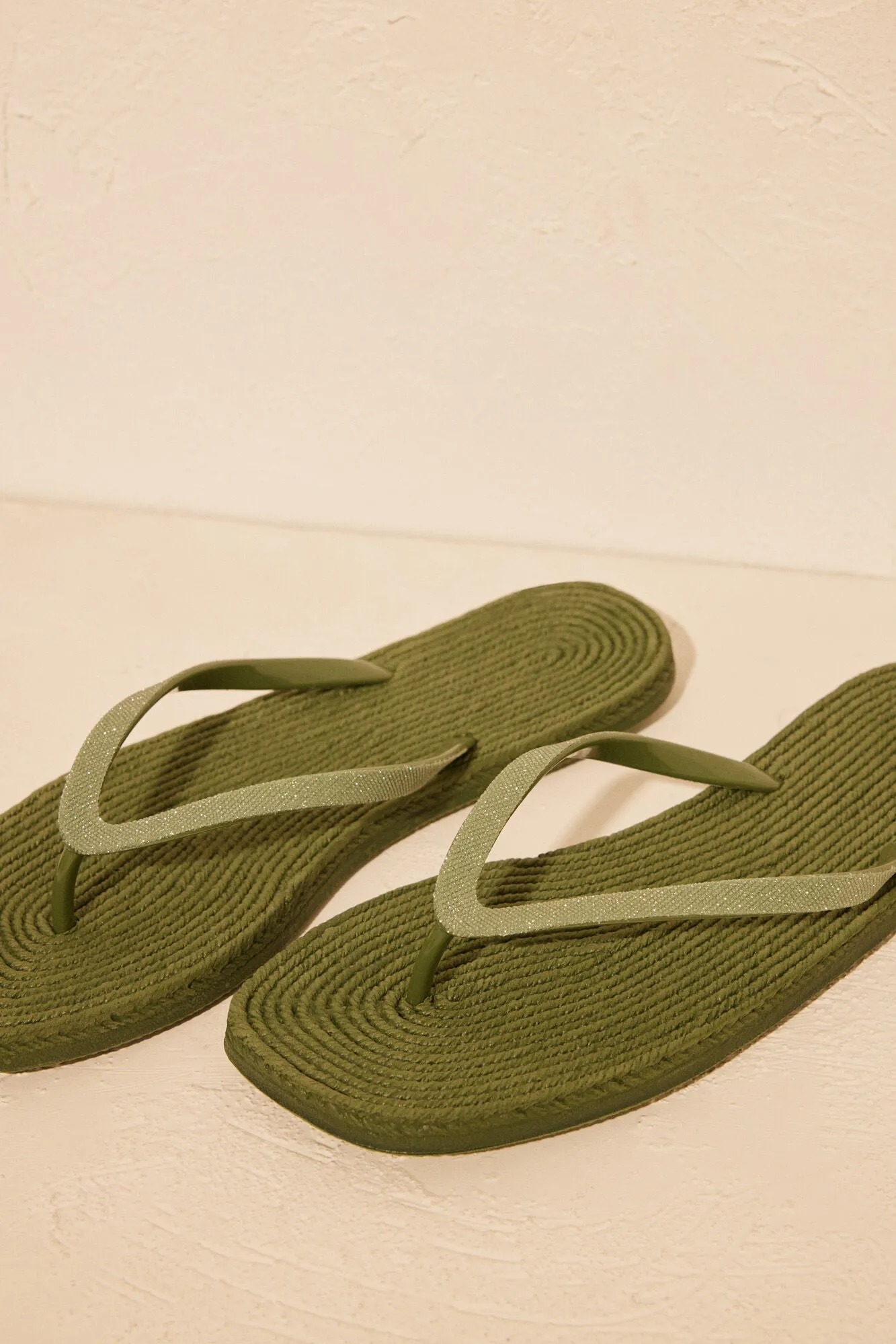 Khaki square toe flip flops