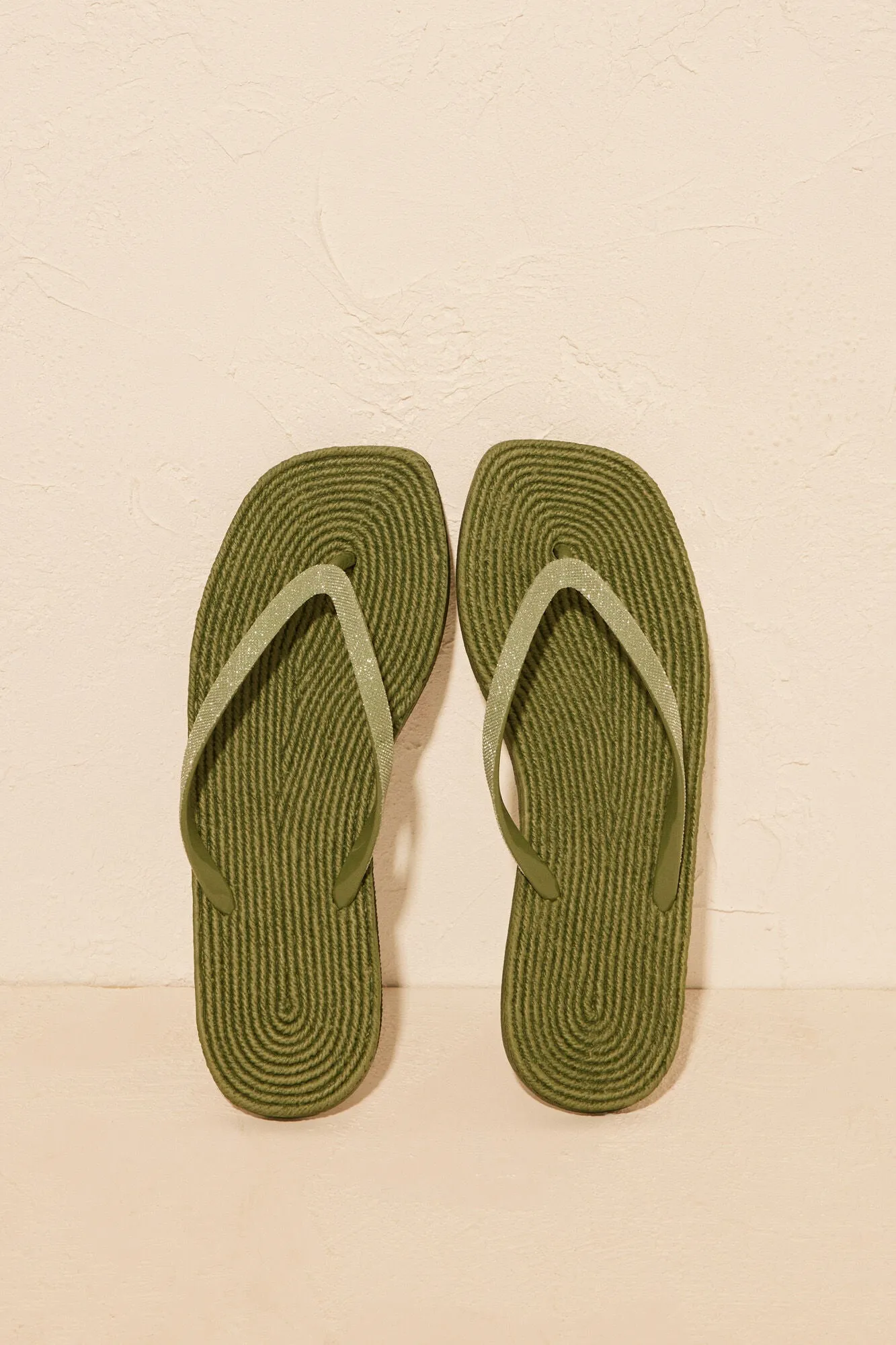 Khaki square toe flip flops