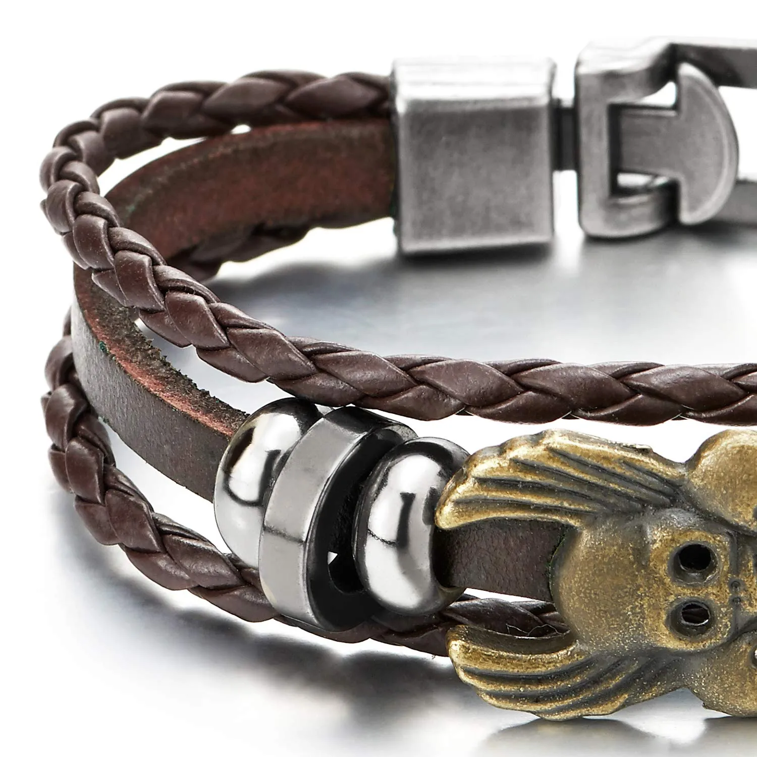 Men Women Vintage Aged Bronze Angel Wing Skull Brown Braided Leather Bracelet Multi-Strand Wristband