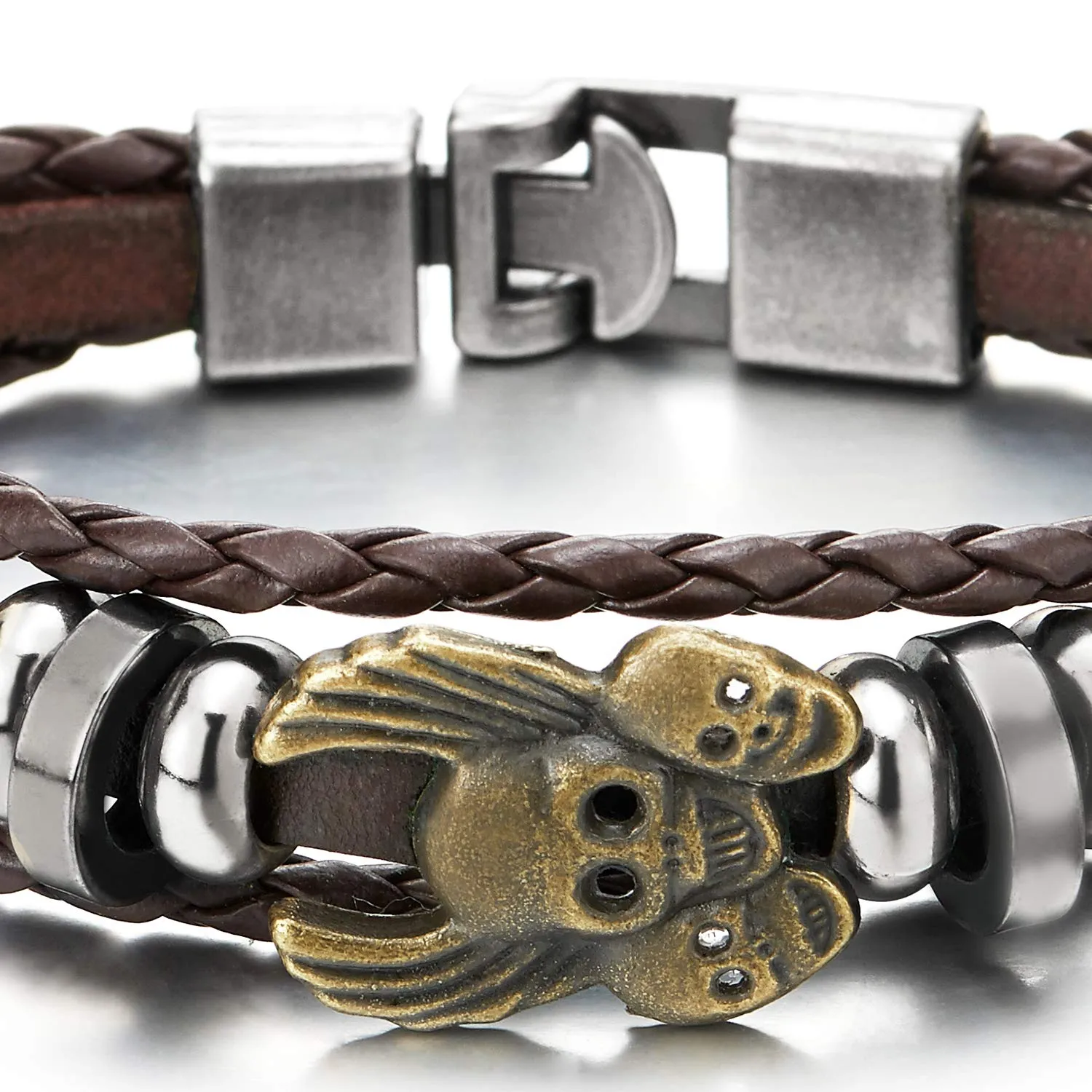 Men Women Vintage Aged Bronze Angel Wing Skull Brown Braided Leather Bracelet Multi-Strand Wristband