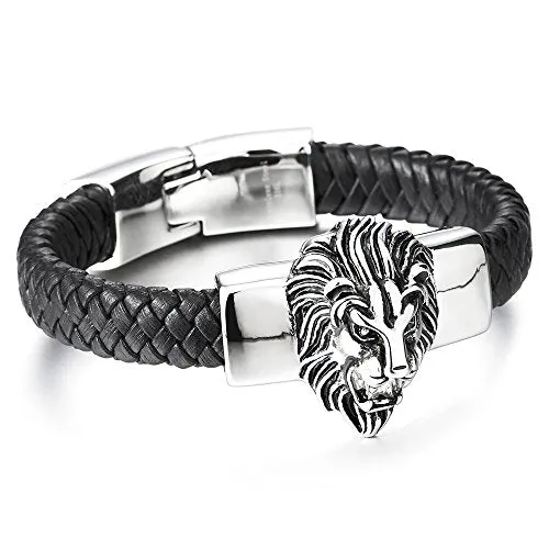 Mens Large Braided Leather Bracelet with Stainless Steel Lion and Black Genuine Leather Straps