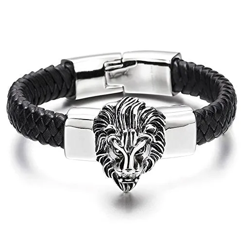 Mens Large Braided Leather Bracelet with Stainless Steel Lion and Black Genuine Leather Straps
