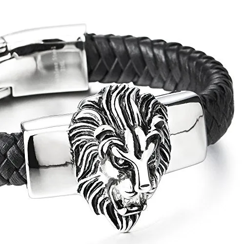 Mens Large Braided Leather Bracelet with Stainless Steel Lion and Black Genuine Leather Straps