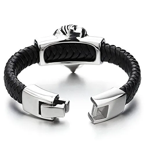 Mens Large Braided Leather Bracelet with Stainless Steel Lion and Black Genuine Leather Straps