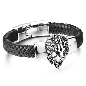 Mens Large Braided Leather Bracelet with Stainless Steel Lion and Black Genuine Leather Straps
