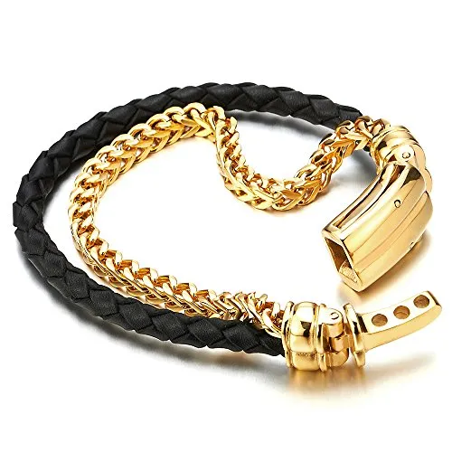 Mens Stainless Steel Gold Color Square Franco Chain Curb Chain and Black Braided Leather Bracelet