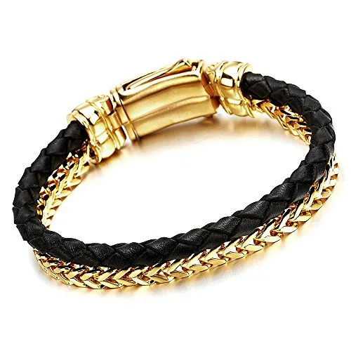 Mens Stainless Steel Gold Color Square Franco Chain Curb Chain and Black Braided Leather Bracelet