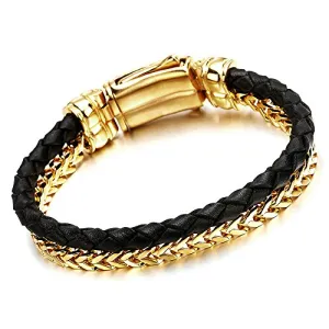 Mens Stainless Steel Gold Color Square Franco Chain Curb Chain and Black Braided Leather Bracelet