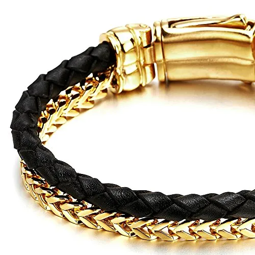 Mens Stainless Steel Gold Color Square Franco Chain Curb Chain and Black Braided Leather Bracelet