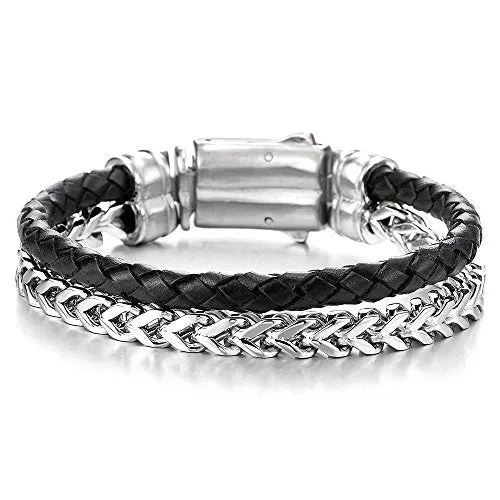 Mens Stainless Steel Gold Color Square Franco Chain Curb Chain and Black Braided Leather Bracelet