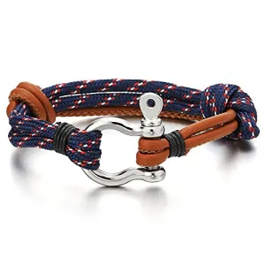 Mens Womens Steel Screw Anchor Shackle Nautical Sailor Brown Rope Leather Wrap Bracelet Wristband