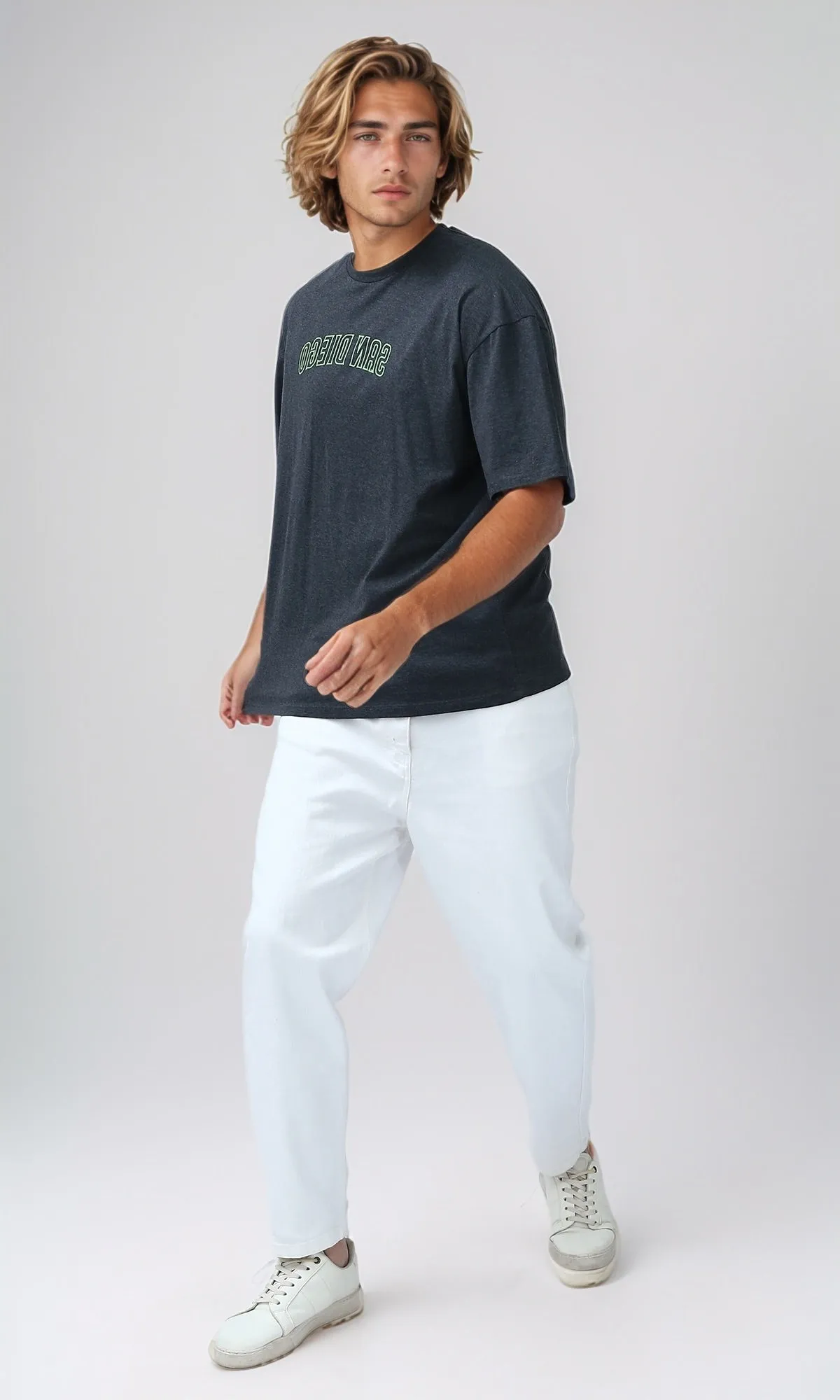 O182411 Heather Dark Grey Printed ''San Diego'' Cotton Tee