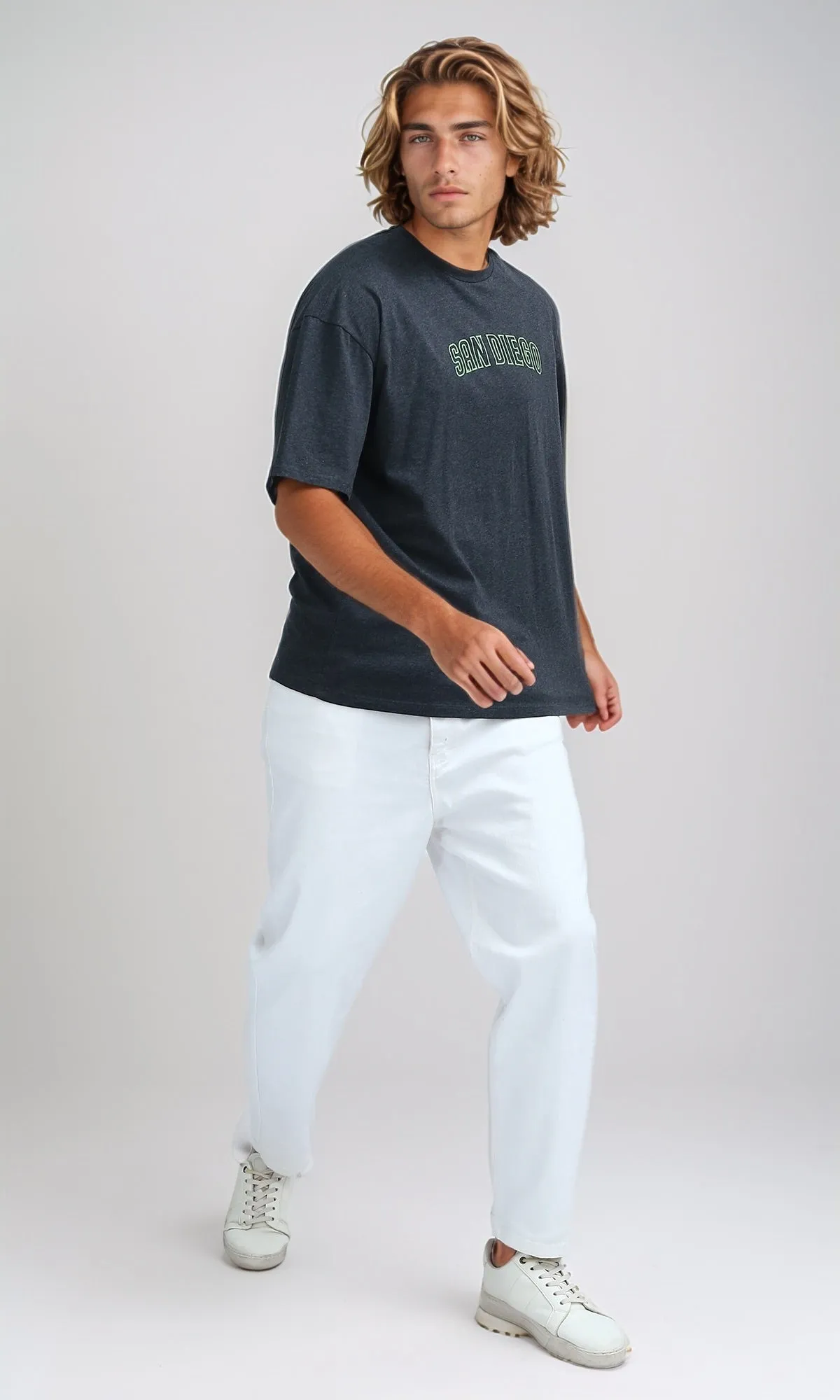 O182411 Heather Dark Grey Printed ''San Diego'' Cotton Tee