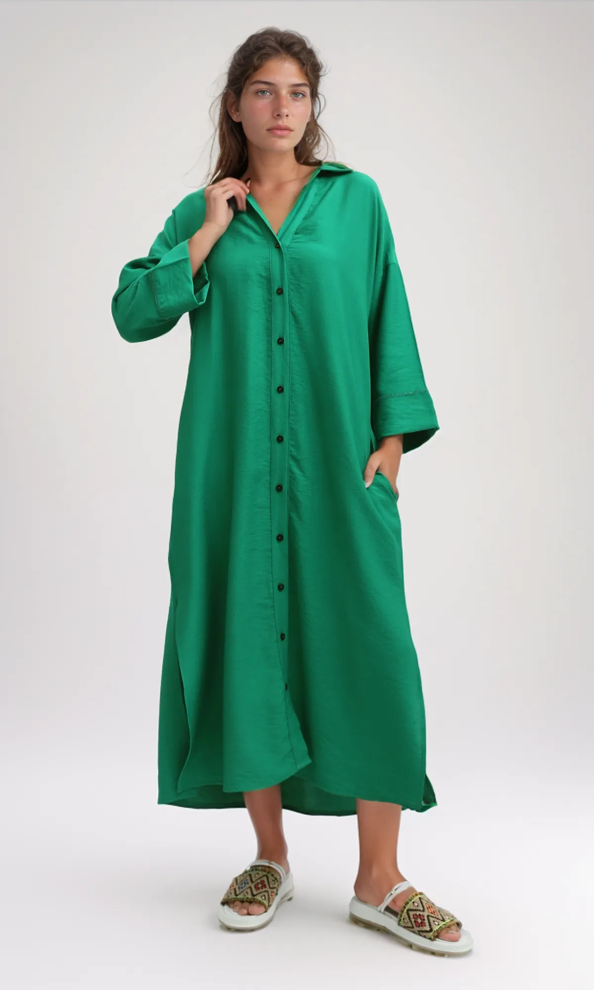 O198053 Long Sleeves Full Buttoned Green Shirt Dress