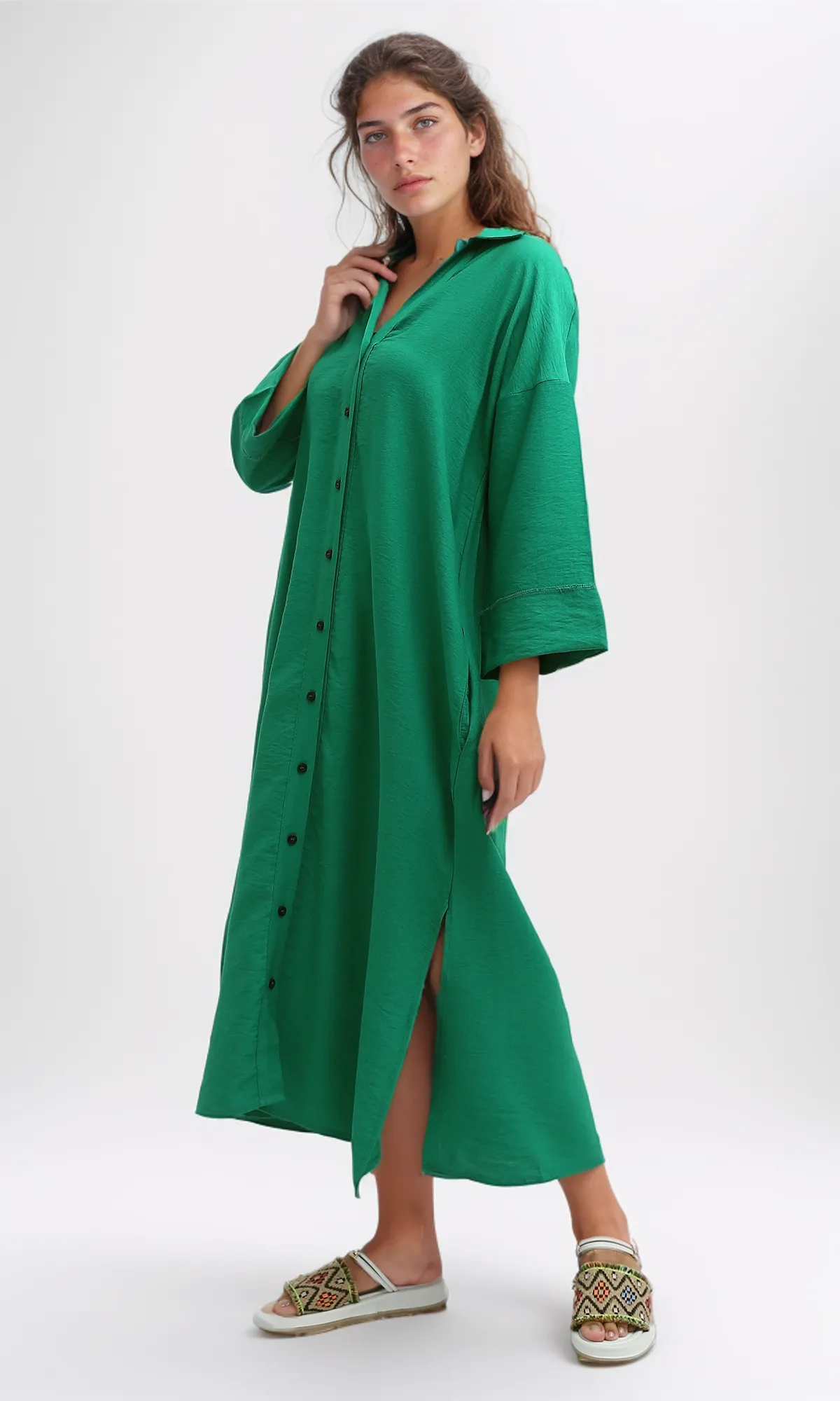 O198053 Long Sleeves Full Buttoned Green Shirt Dress