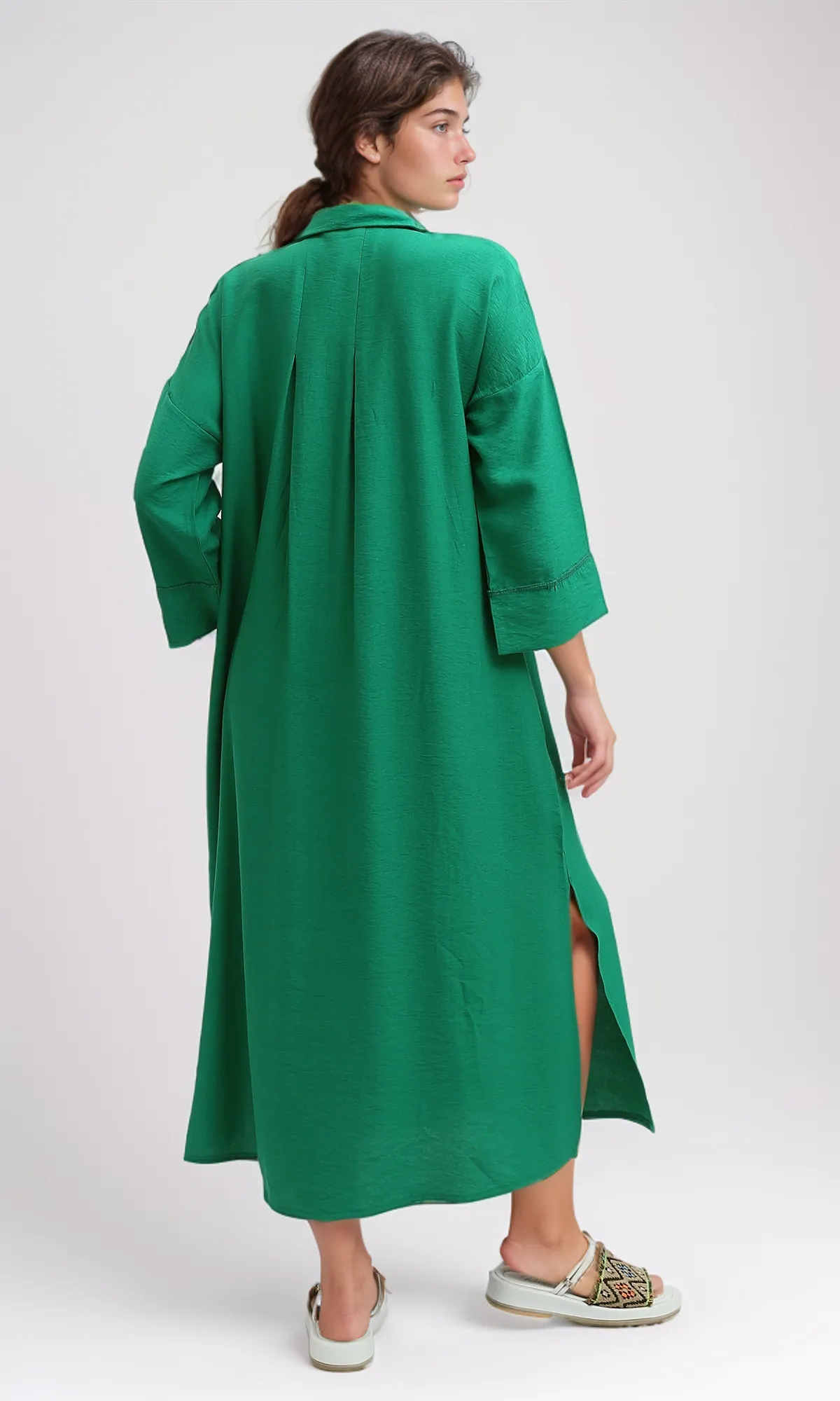 O198053 Long Sleeves Full Buttoned Green Shirt Dress