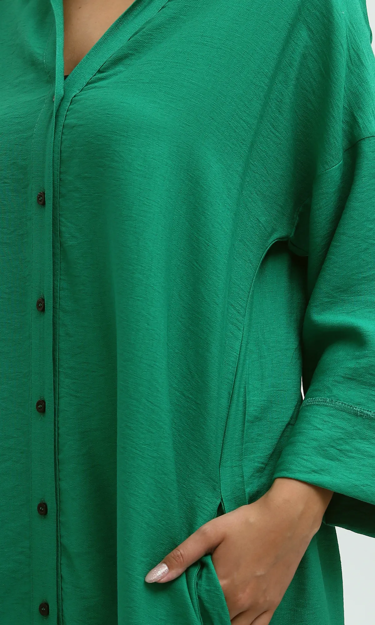 O198053 Long Sleeves Full Buttoned Green Shirt Dress