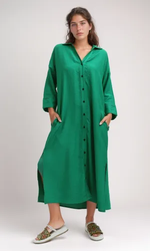 O198053 Long Sleeves Full Buttoned Green Shirt Dress