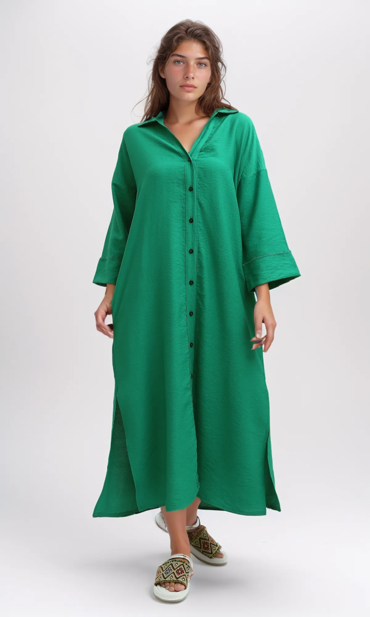 O198053 Long Sleeves Full Buttoned Green Shirt Dress