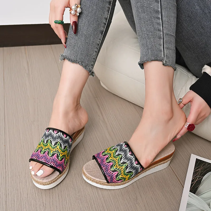 Open Toe Straw Braided Wedge Sandals