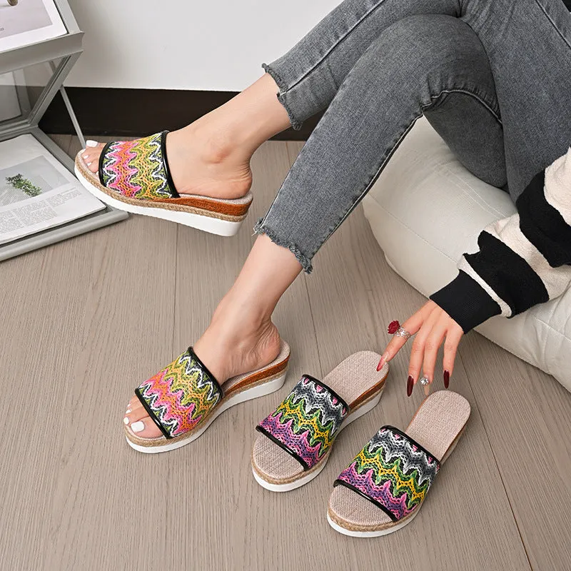 Open Toe Straw Braided Wedge Sandals